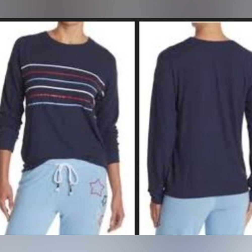 0324 PJ Salvage Navy Top with Multicolor Stripes